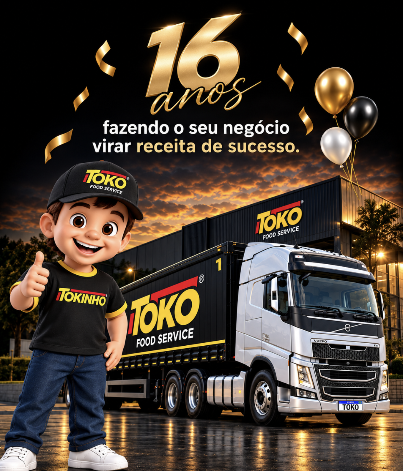 Arte de 16 anos da TOKO Food Service com o Tokinho e um caminhão da marca.