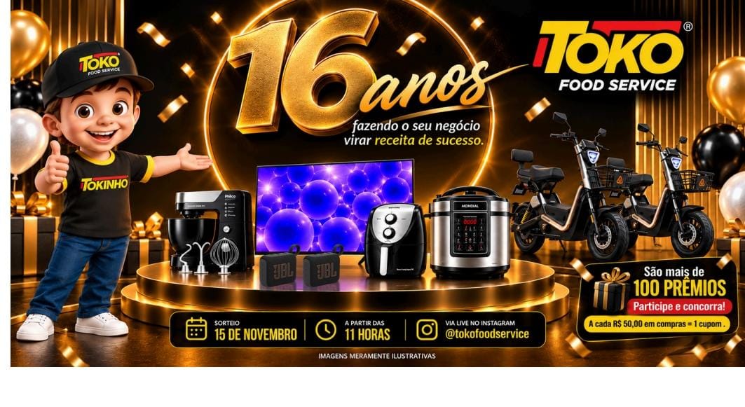 Peça ilustrativa da campanha com bicicletas elétricas, TV, batedeira, air fryer, panela elétrica e caixas de som.